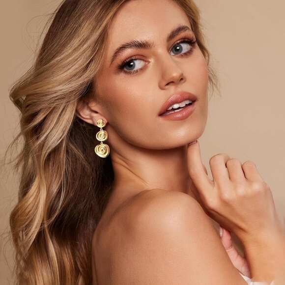 14K B Gold Pleated Boho Hammered Statement Finish Dangle Drop Earring for Women - Picture 4 of 6